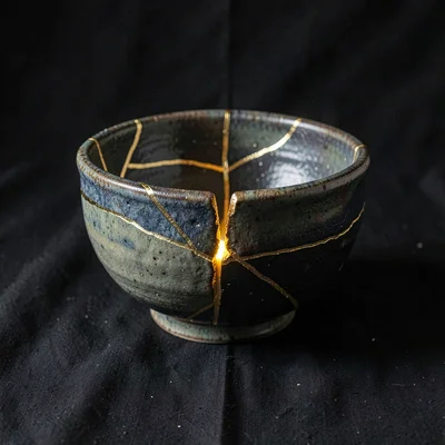 Repaired bowl on black fabric — gold seams as bright lines against dark ground