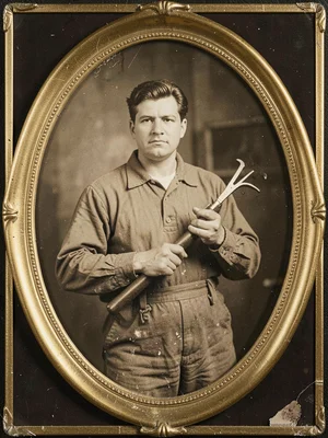 Craftsman in work clothes holding his tools, unsmiling direct gaze, ambrotype mo
