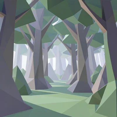 Low-poly illustration, crystalline forest scene , faceted geometric surfaces, tr