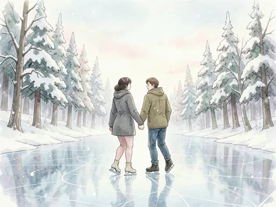 Ice skating on a frozen pond surrounded by snow-covered pines, couple holding ha