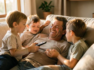 Dad asleep on couch with TV remote in hand, kids drawing on his face
