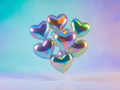 Cluster of holographic foil hearts floating in mid-air over a smooth turquoise-t