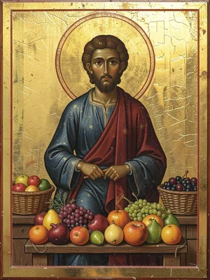 Market vendor surrounded by piled fruit, frontal symmetrical composition