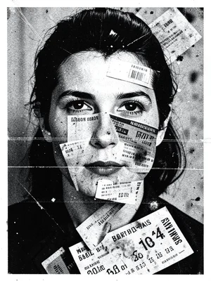 A portrait built from layered photocopies of receipts, tickets, and boarding pas