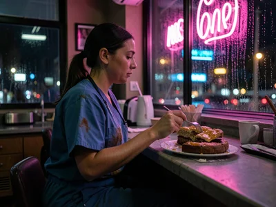 A night-shift nurse eating pie alone at a neon-lit diner counter at 2am, her scr