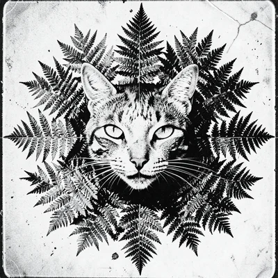 A cat skull centered on the page surrounded by photocopied fern leaves arranged 