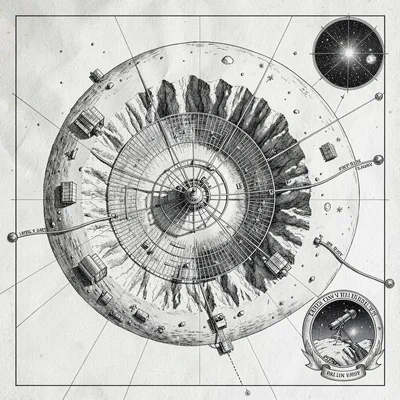 A lunar far-side observatory map with a vast radio-dish array nestled in a crate
