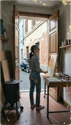 Layered mixed-media painting on wooden panel, Mediterranean studio light, earth 