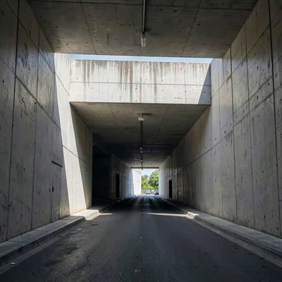 The entrance portal of a parking structure as canyon mouth