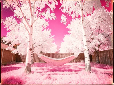 A hammock strung between two ghostly white birch trees in a backyard