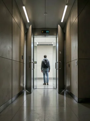 Elevator doors opening to reveal a single figure dead center, the geometry of ar