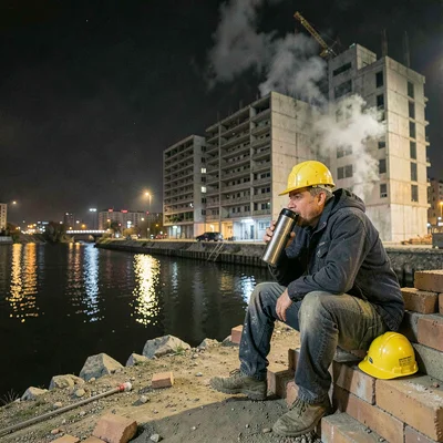 Belgrade brutalist night and Danube reflections, Construction worker drinking co