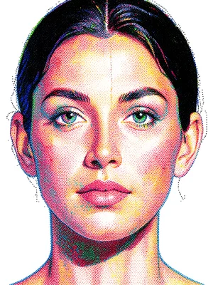 Close-up of a woman's face, all tone and color expressed through dense dot varia