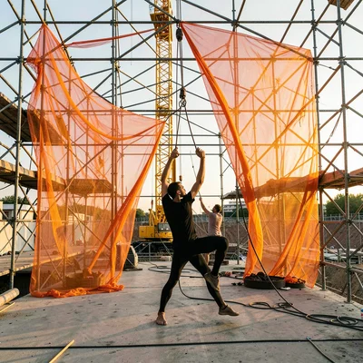Safety Mesh Tutu — Draped Orange on Steel