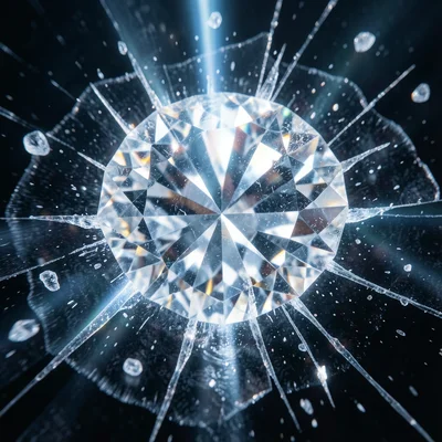 Diamond being cut, frozen moment of fracture, light refracting through facets