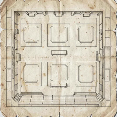 Top-down venue map illustration as an aged parchment of a wrestling hall with th