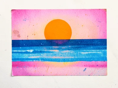 Beach scene in three-color riso, fluorescent orange sun, blue ocean