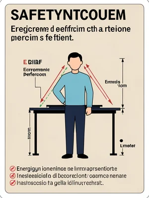 A figure at a standing desk with angles and measurements showing ergonomic perfe