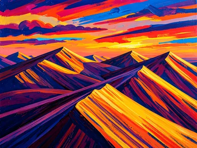 Sand dunes with sharp ridge lines at sunset, abstract patterns of light and shad