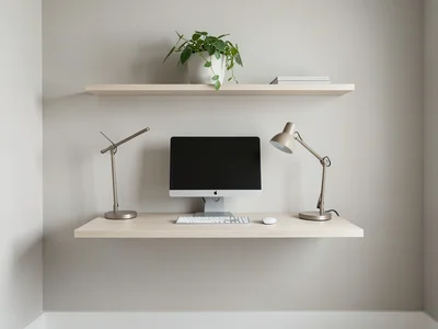Minimalist home office with floating desk, single monitor, task lamp, plant on s
