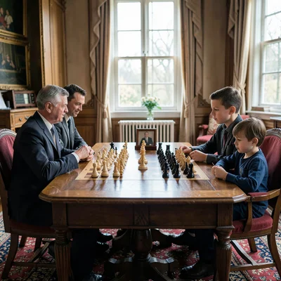 Chess grandmaster and eight-year-old opponent, centered table between them, know
