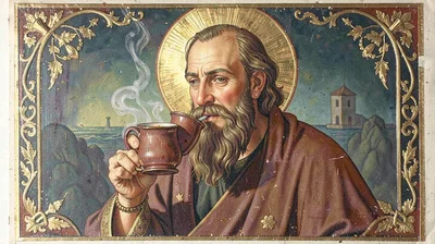 Egg tempera illustration, bearded prophet drinking espresso , yolk-bound pigment