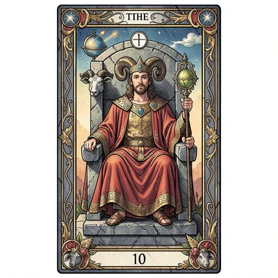 Tarot card illustration, The Emperor on stone throne, rams heads, orb and scepte