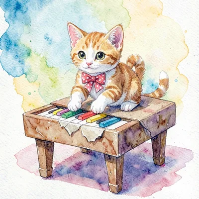 A friendly kitten on a torn-paper piano stool playing crayon keys with a polka-d