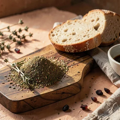 Warm desert-toned photograph, Pile of zaatar spice mix on olive wood board, drie
