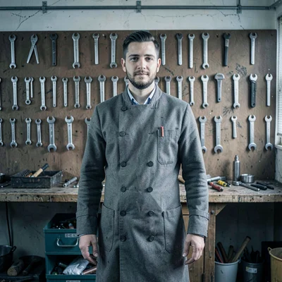 Precise geometric composition, industrial clarity, Portrait of a master craftsma