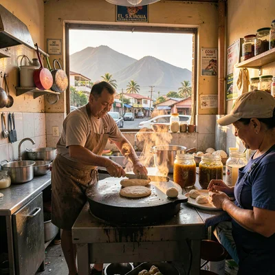 Pupusería golden hour in El Salvador, Inside a pupuseria kitchen: the comal hot,