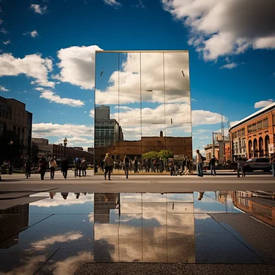 Photo In a bustling city square a tall mirror reflect