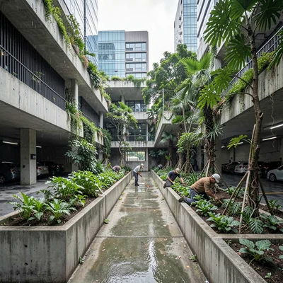 Singapore tropical modernism, green claiming grey, Parking lot transformed into 
