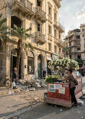 Mediterranean hard light on Beirut's wounded elegance, jasmine seller on corner 