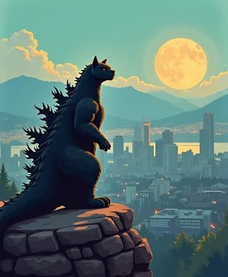 Cat sitting on vancouver skyline  gozilla poster m