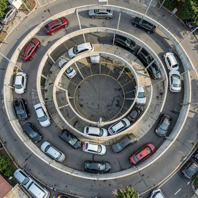 Parking garage spiral seen from directly above, cars making a fibonacci of metal