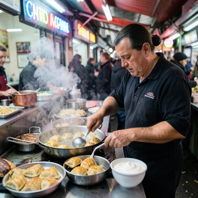 A pierogi vendor at a Polish market, boiling then pan-frying the dumplings, gold