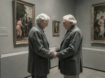 Elderly couple holding hands in a museum, matching gray coats, looking at a pain