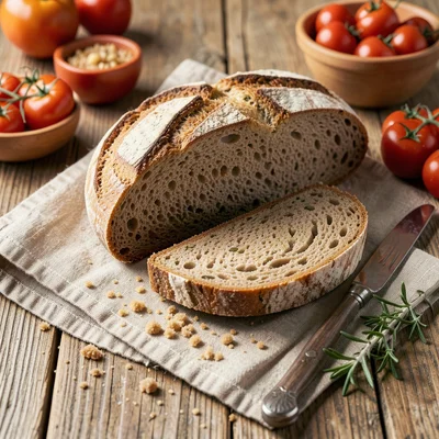 Artisan sourdough loaf sliced on a linen cloth, crumbs scattered on a wooden tab