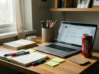 A student's desk: textbooks, highlighters, sticky notes, a laptop, an energy dri