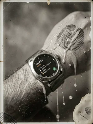 Smartwatch on wrist showing notifications, wet collodion fingerprint marks inten