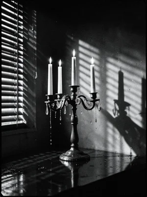 Candelabra with dripping candles in dark room, shadows on wall, gothic