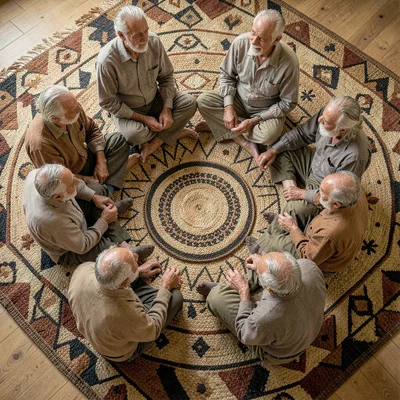 Warm tapa cloth browns and geometric pattern rhythm, A meeting of elders seated 