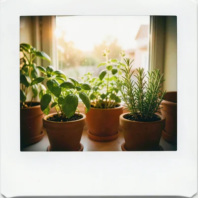 A kitchen window herb garden, small terracotta pots of basil and rosemary, warm 