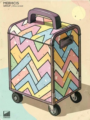 Suitcase Memphis style, laminate panels zigzag pattern, asymmetric wheels, bold 