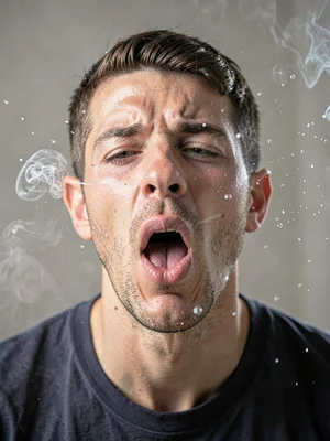 Portrait at exact moment of sneeze, droplets suspended in air