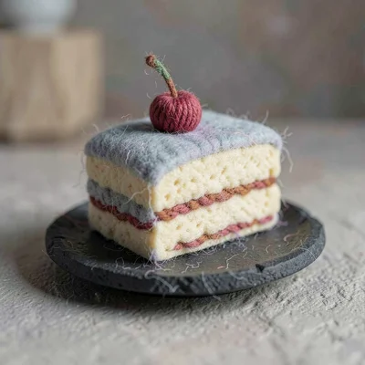 Slice of felted cake with a single yarn cherry on top resting on a small charcoa
