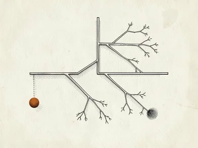 Schematic of a decision tree branches across cream paper with one branch termina