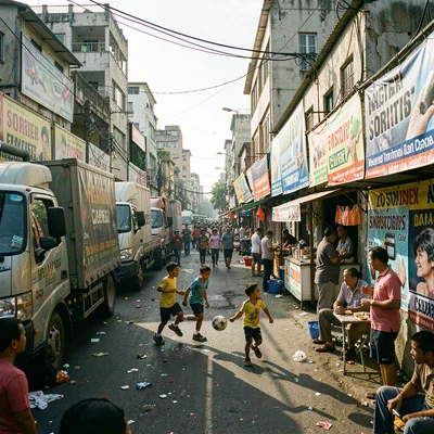 Documentary photograph of megacity life, dense urban scene, Children playing foo