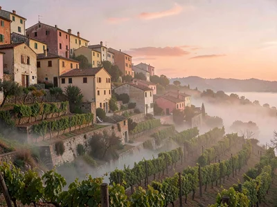 Quiet terraced vineyard at early haze, mist pooling in the lowest band, upper te